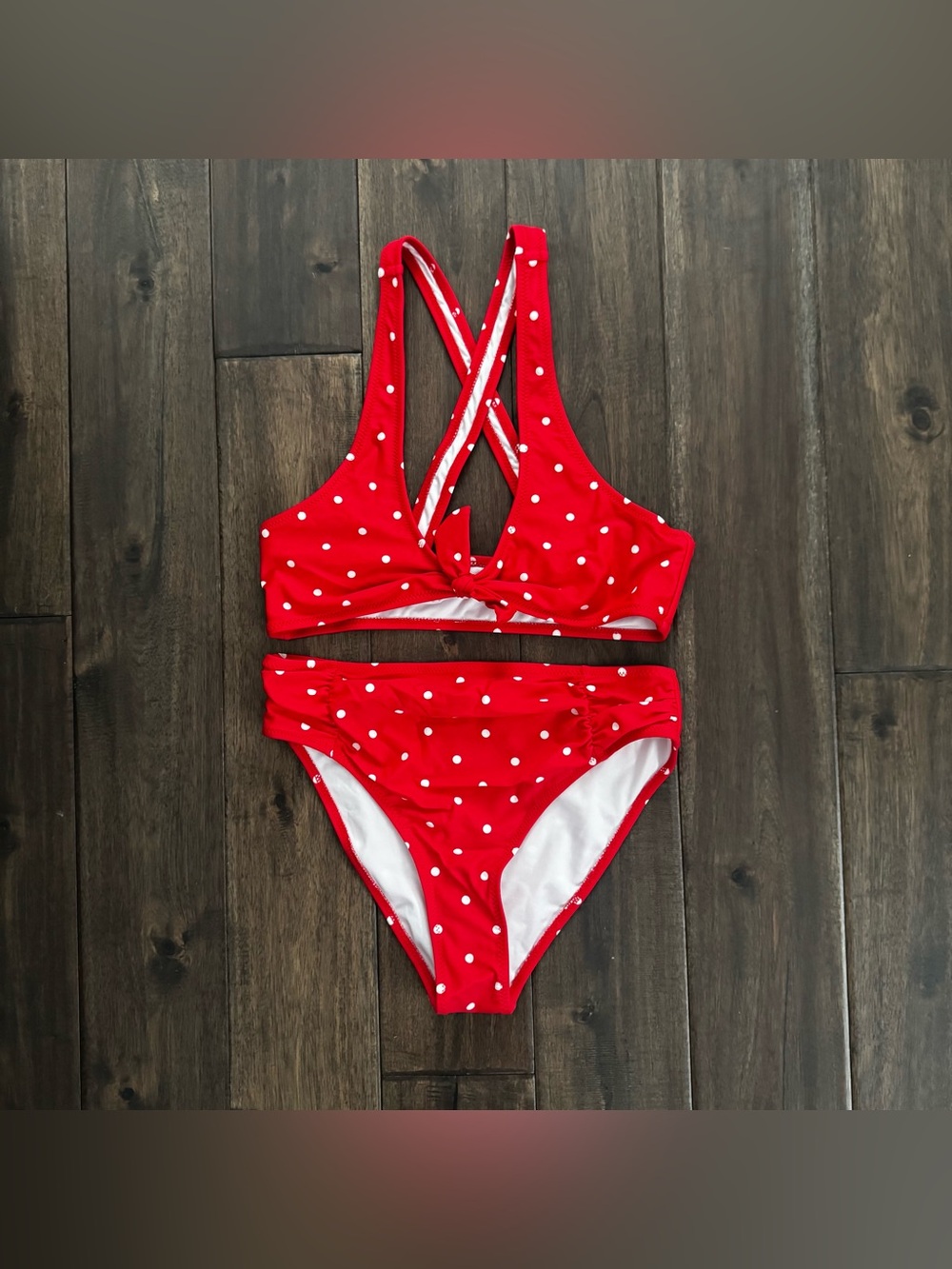 Cupshe Red & White Polka Dot Bow Criss Cross Back Bikini S NWT